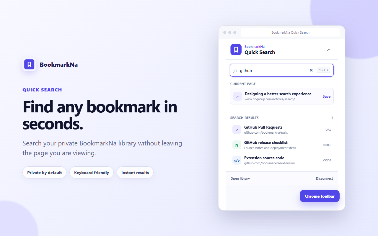 BookmarkNa Quick Search extension showing private bookmark results from the Chrome toolbar